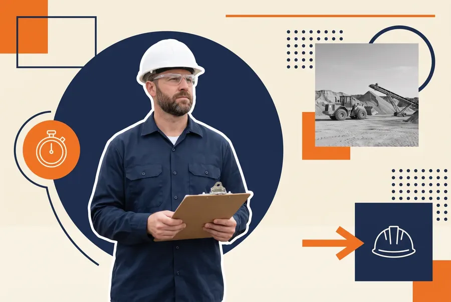 A safety trainer walking a new hire through site hazards at a surface sand and gravel operation
