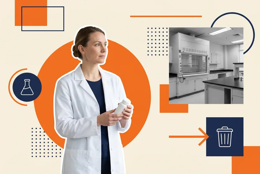 University environmental health and safety manager in a white lab coat holding a specimen bottle beside a fume hood bench