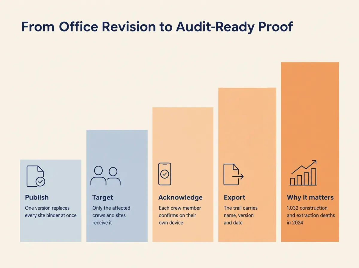 From Office Revision to Audit-Ready Proof Publish One version replaces every site binder at once Target Only the affected crews and sites receive it Acknowledge Each crew member confirms on their own device Export The trail carries name, version and date Why it matters 1,032 construction and extraction deaths in 2024