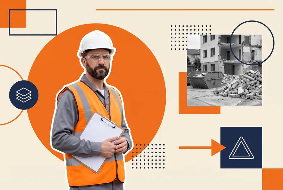 Hero graphic for a demolition site training plan, showing waste stream sorting alongside per worker training records