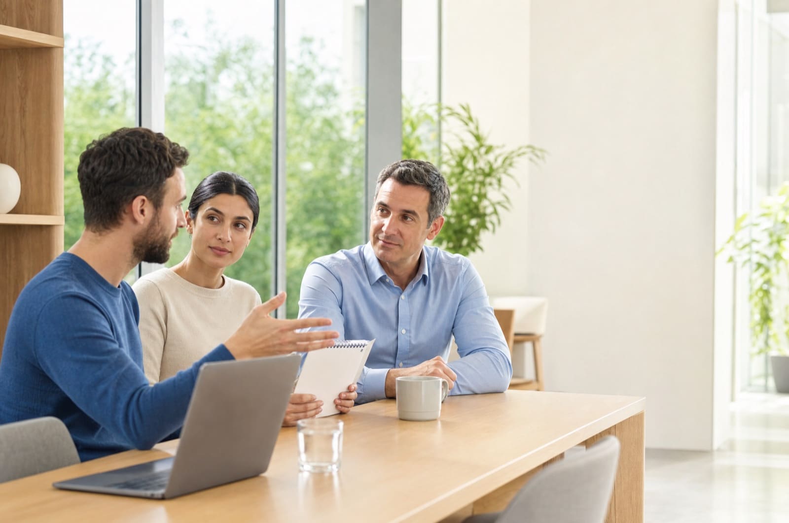 Three colleagues talking around a light wood table in a bright office with windows onto greenery